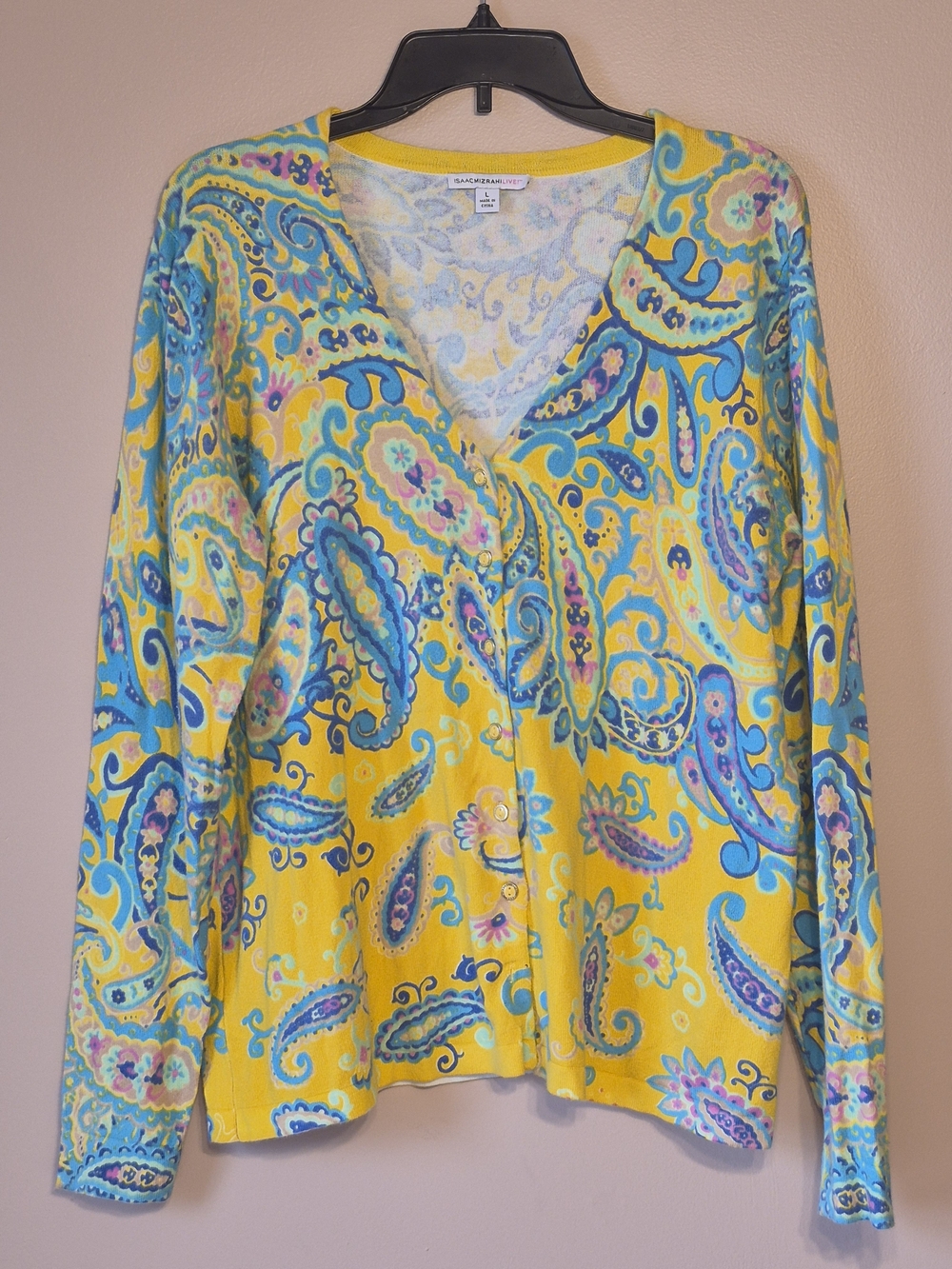 Isaac Mizrahi Yellow Paisley V-Neck Button Cardigan